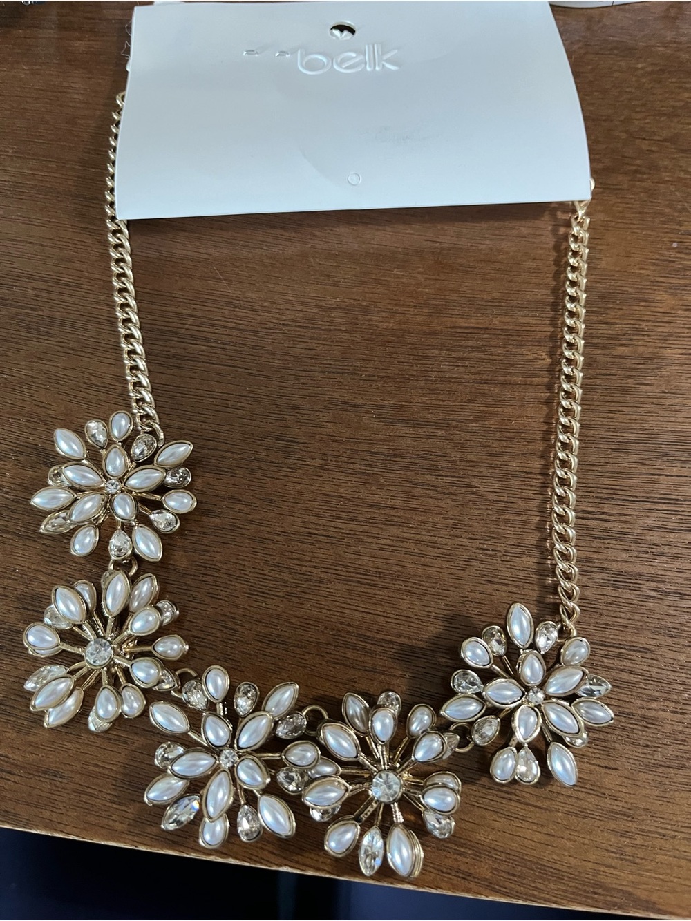 Gold tone pearl and rhinestone floral statement necklace